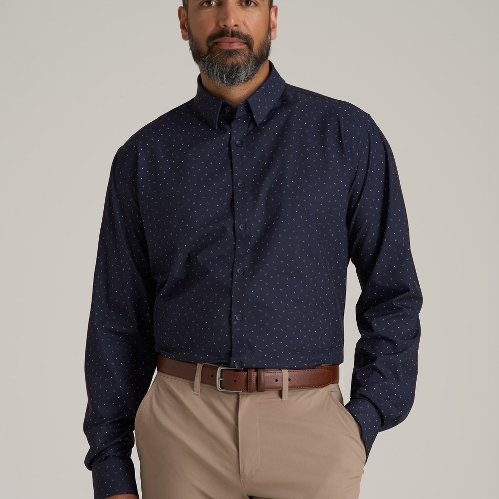 American Tall Traveler Stretch Dress Shirt for Tall Men in Dark Blue Floral Size